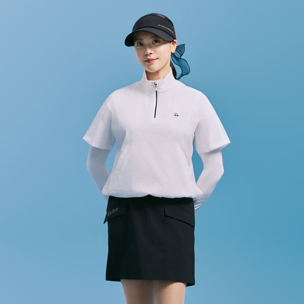 [부산점] 여성 에센셜 경량 하이넥 반집업 반팔 우븐탑 화이트