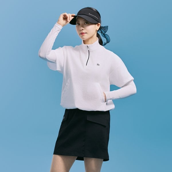 [부산점] 여성 에센셜 경량 하이넥 반집업 반팔 우븐탑 화이트