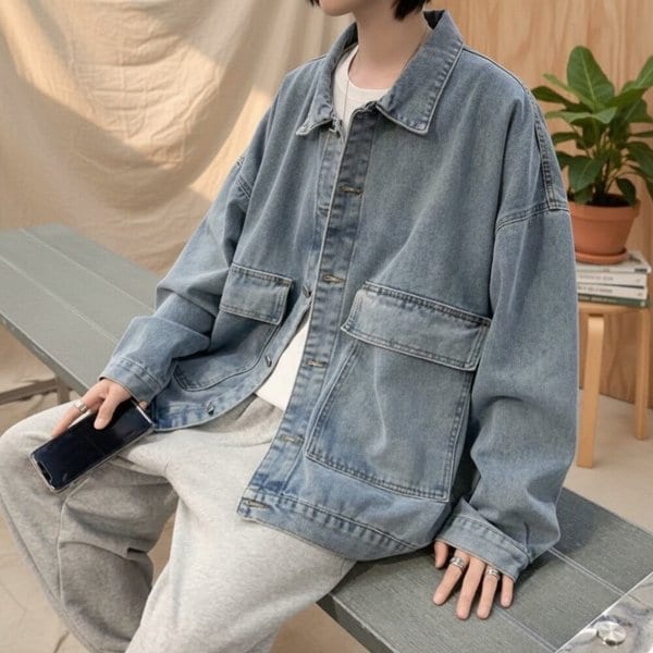 [옷자락] 남성 오버사이즈 루즈핏 워싱 데님 자켓 간절기 캐주얼 봄가을용