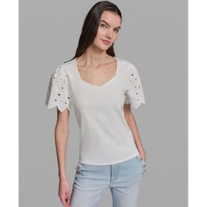 칼라거펠트 우먼 Eyelet 믹스 Media V-Neck 탑 - 소프트 화이트 26580880 1390729