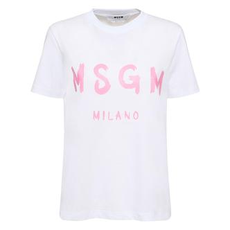 MSGM 엠에스지엠 여성 코튼 니트 저지 로고 티셔츠 화이트/핑크 80IM64060 6021194