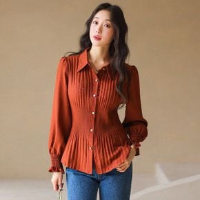 로아나 엘라스틱 기계주름 플리츠 페플럼 라인 카라 블라우스_P435189538