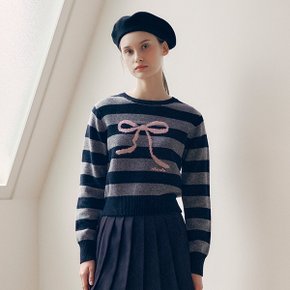 WOOL BLENDED RIBBON STRIPE KNIT GY+BK