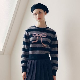 로라로라 WOOL BLENDED RIBBON STRIPE KNIT GY+BK