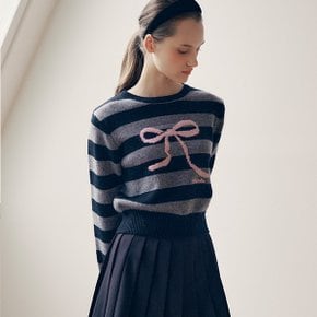 WOOL BLENDED RIBBON STRIPE KNIT GY+BK