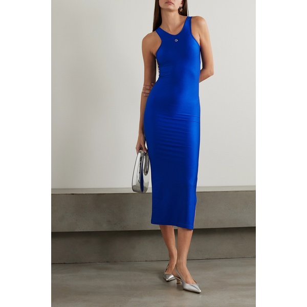 장식 새틴 저지 미디 드레스 블루 1647597323910975