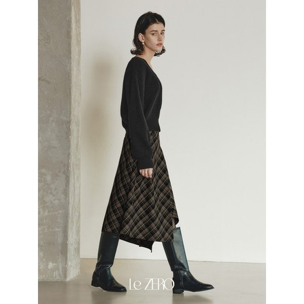 버튼 체크 랩 스커트 / 브라운