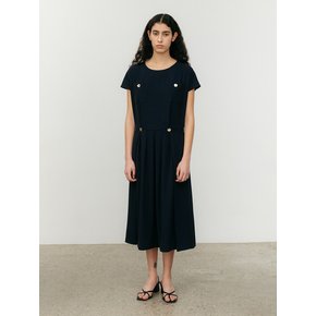 Button Pleated Dress-navy