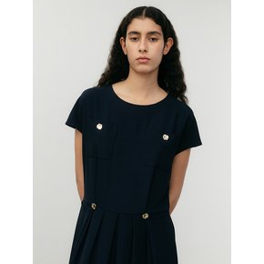 Button Pleated Dress-navy