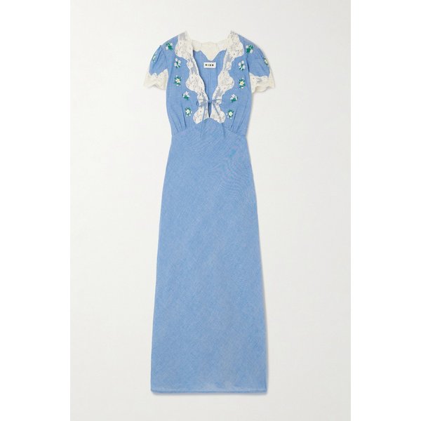 아마리 레이스 트림 자수 코튼 샴브레이 미디 원피스 46376663162989146