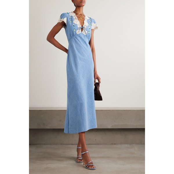 아마리 레이스 트림 자수 코튼 샴브레이 미디 원피스 46376663162989146