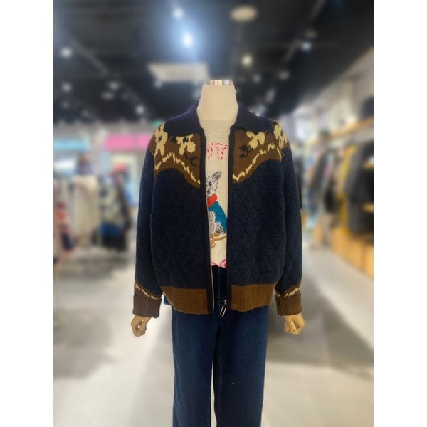 [여주점] 퀼팅 배색 카라 집업 니트 가디건 (BAKC71461)