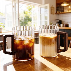 내열유리 우드핸들 머그컵 유리컵 450ml 2P 우드손잡이 플리츠 물컵 2개 구성