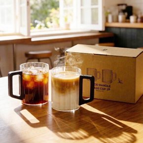 내열유리 우드핸들 머그컵 유리컵 450ml 2P 우드손잡이 플리츠 물컵 2개 구성