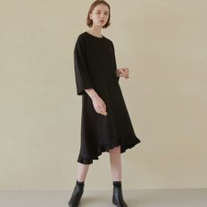 Round Neck Hem Line Frill Dress - Black