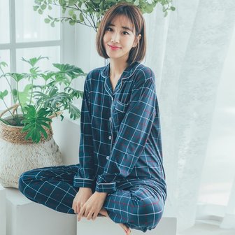 라이엔느 딩굴딩굴 홈웨어 체크윈도우 여성 피치기모 긴팔 카라잠옷 상하셋트