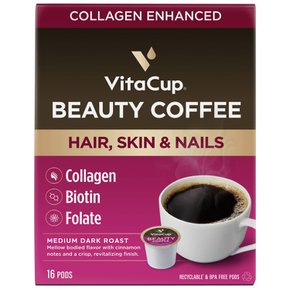 [해외직구] 비타컵  비타컵  뷰티  Collagen  커피  Pods  for  Hair  Skin  &  Nails  with  Collagen  &  Biotin  Medium  Dark  Roast  Keto-Friendly  Recycled  Single  Serve  Pods  Compatible  with  Keurig  K컵  Brewers  16  캡슐