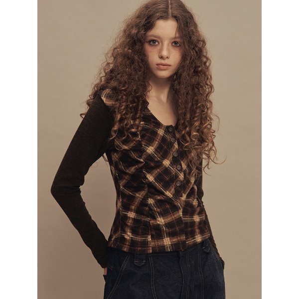 라비린스 체크 셔링 탑 옐로우 카키