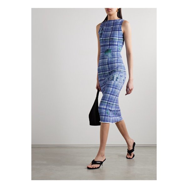 프린트 골지 스트레치 니트 미디 드레스 블루 1647597326702330