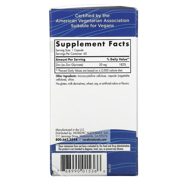 [해외직구] Nordic Naturals 노르딕내추럴 아연 글리시네이트 20mg 60캡슐