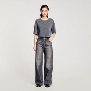 (산드로) 라인스톤 크롭 티셔츠 Gris SFPTS01492