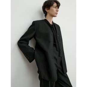 WOOL STRIPE NOCOLLAR BLAZER_BLACK