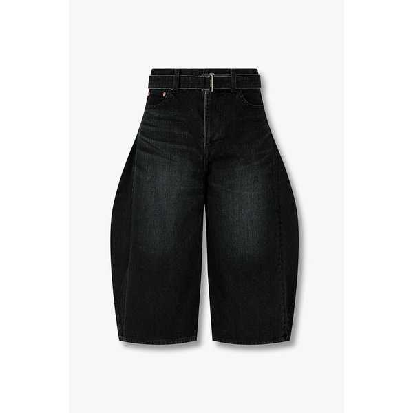 여성 벨티드 커브드 데님 팬츠_워시드 블랙 6416110104000