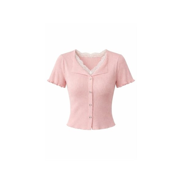 Rosy Lace Slim Rib Knit Short Sleeve Cardigan Pink