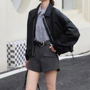 여성 카라넥 오버핏 스트링 블루종 가죽 자켓