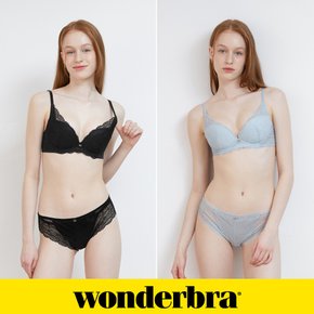 [Wonderbra] 소프트 레이스 노와이어 브라팬티 4종세트 블랙+블루 WBW4N2526_T