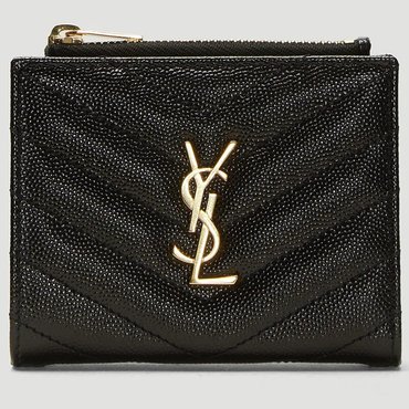 생로랑 YSL 모노그램 로고 쉐브론 퀼팅 레더 탑지퍼 폴드 월렛 중지갑