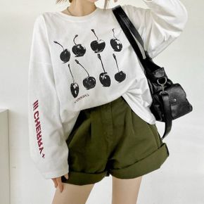 블랙체리프린팅 라운드박스 긴팔롱티셔츠 가을데일리 루즈핏나염 빅사이즈 면캐주얼_P436025265