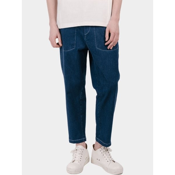 화이트스티치 쎄미 배기핏 남자 밴딩 데님 팬츠 CXS25MWPT419 NAV