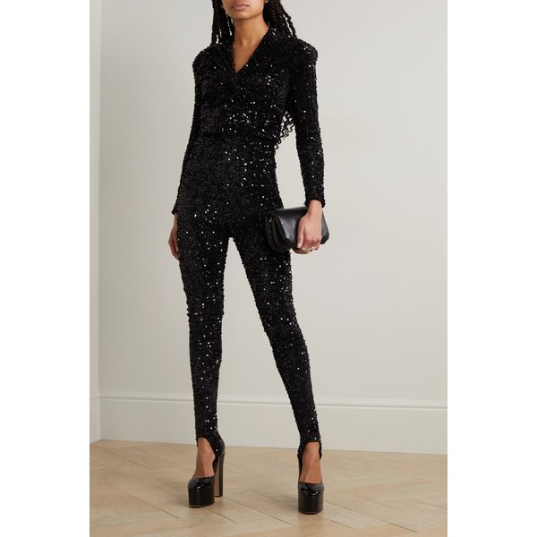 리차드퀸 Twist-front Sequined Stretch-jersey Stirrup Jumpsuit 블랙 1647597302578482