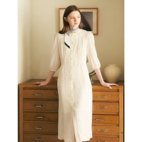 Seersucker shirring long dress - ivory