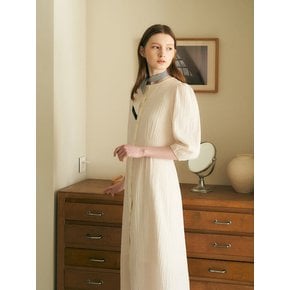 Seersucker shirring long dress - ivory