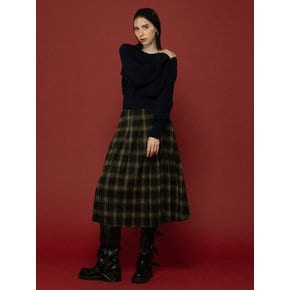 YOUNG CHECK PLEATS LONG SKIRT KHAKI