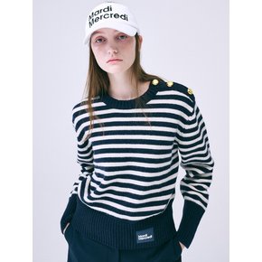 STRIPE GOLD BUTTON SHOULDER KNIT PULLOVER_NAVY IVORY