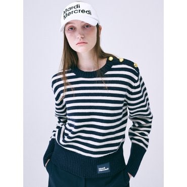 Mardi Mercredi Actif STRIPE GOLD BUTTON SHOULDER KNIT PULLOVER_NAVY IVORY