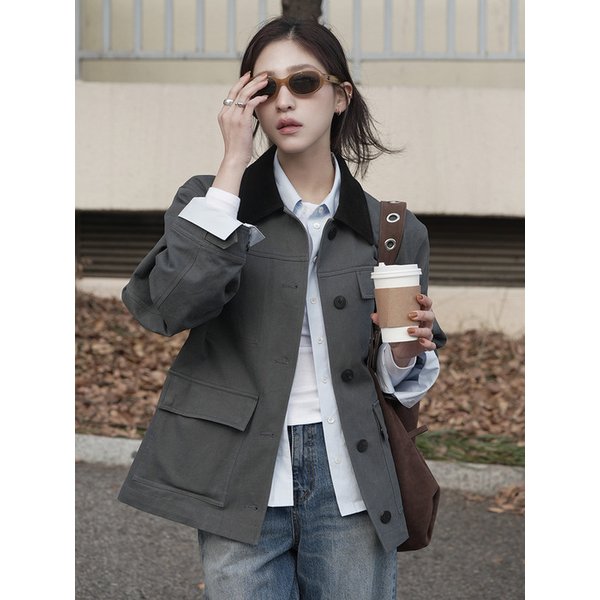 [유니 PICK] CORDUROY COLLAR VINTAGE WASHED SAFARI JACKET [TAN BEIGE][CHARCOAL]