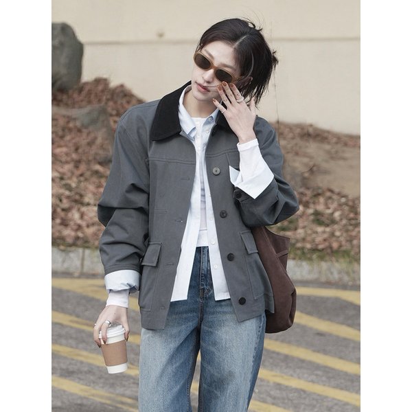 [유니 PICK] CORDUROY COLLAR VINTAGE WASHED SAFARI JACKET [TAN BEIGE][CHARCOAL]