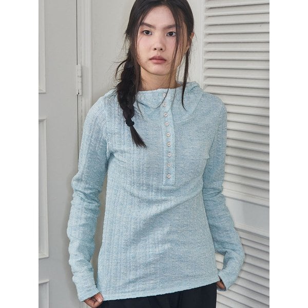 Cable textured pullover hoodie - Aqua blue