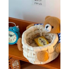곰돌이 라탄 책상 정리 바구니
