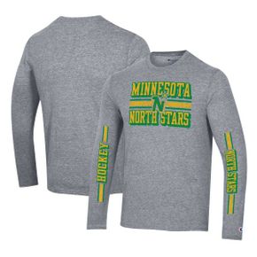 4807224 Champion Mens Heather Gray Minnesota North Stars Tri-Blend Dual-Stripe Long Sleeve