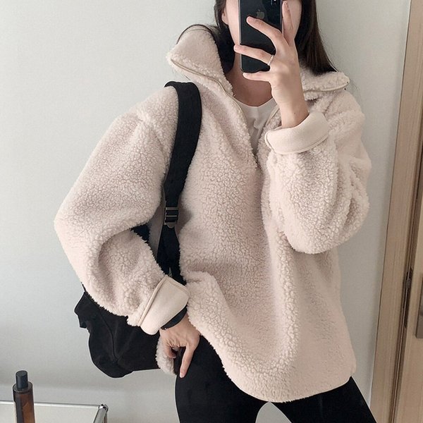 여자 오버핏 양털 후리스 반집업 JSW-JUW-SP0000CTC-연베이지