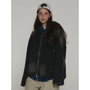 Denim Vintage Hooded String Two Way Zip-Up Jacket Jumper [Black]