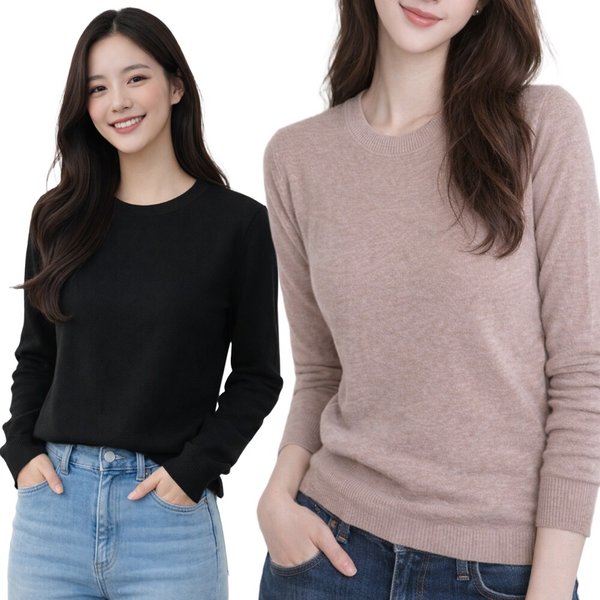 1+1 2종SET 봄니트 여성 라운드 니트티 기본핏 데일리룩 출근룩
