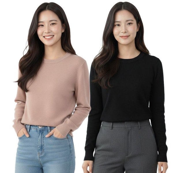 1+1 2종SET 봄니트 여성 라운드 니트티 기본핏 데일리룩 출근룩