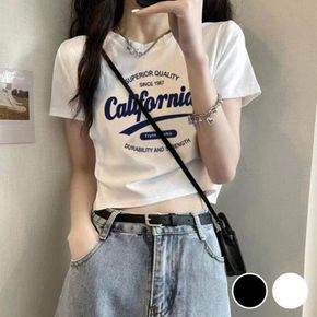 크롭 기장 영문 프린팅 반팔 티셔츠 여자 반팔티