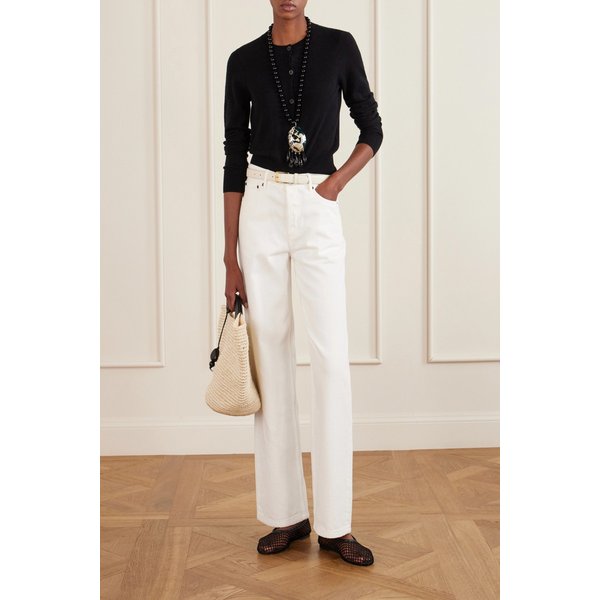 헌팅시즌 라지 가죽 트리밍 위빙 라피아 토트백 크림 46376663163024209